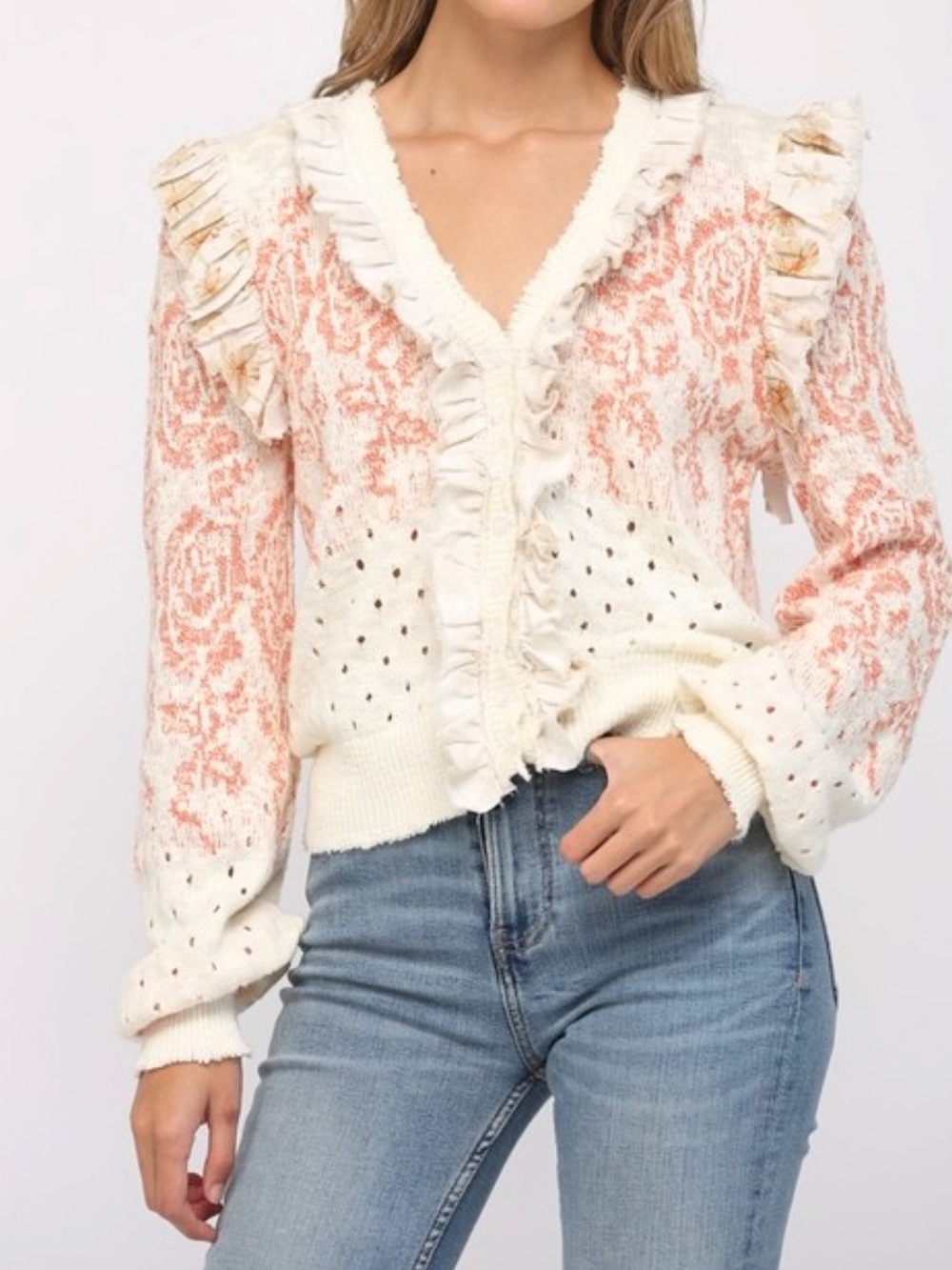 FATE Ruffle Trim Cardigan Sweater - Ivory/Coral Button Down Puff Sleeve Size L